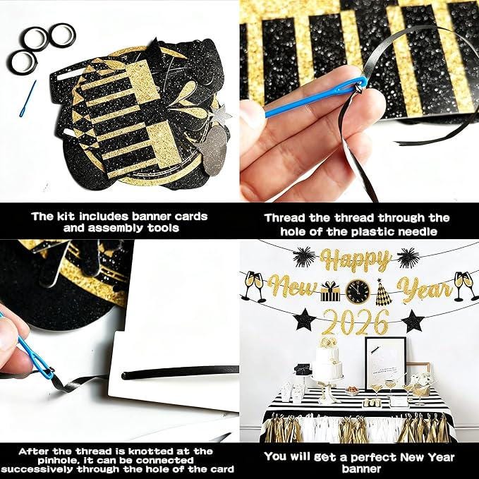 Gold and Black Happy New Year Banner 2026 Glitter Party Decorations NYE Supplies
