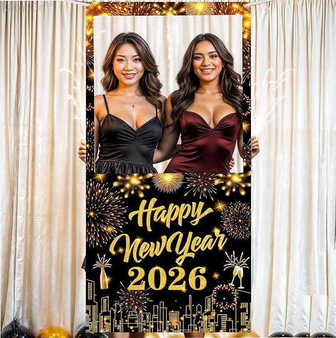New Year 2026 Photo Booth Frame Banner Firework Backdrop Party Decorations