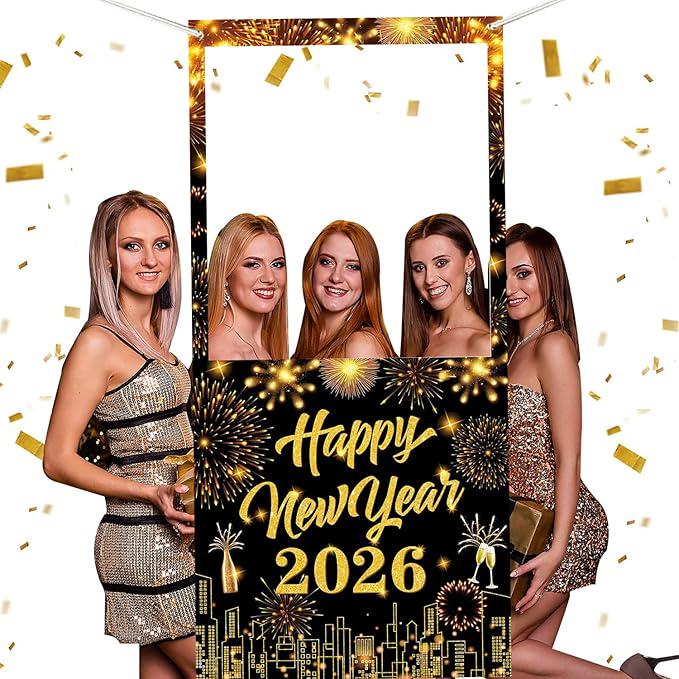 New Year 2026 Photo Booth Frame Banner Firework Backdrop Party Decorations