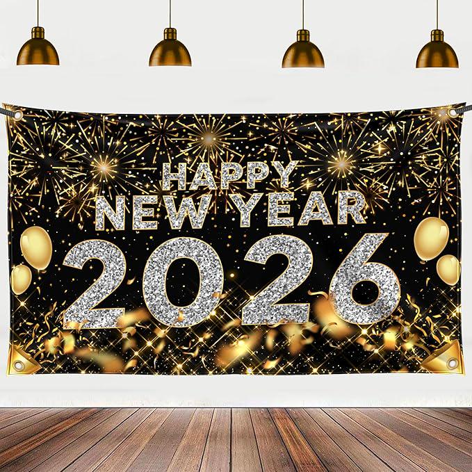 Large Happy New Year Banner 2026 72x44 Inch Party Decorations and NYE Supplies