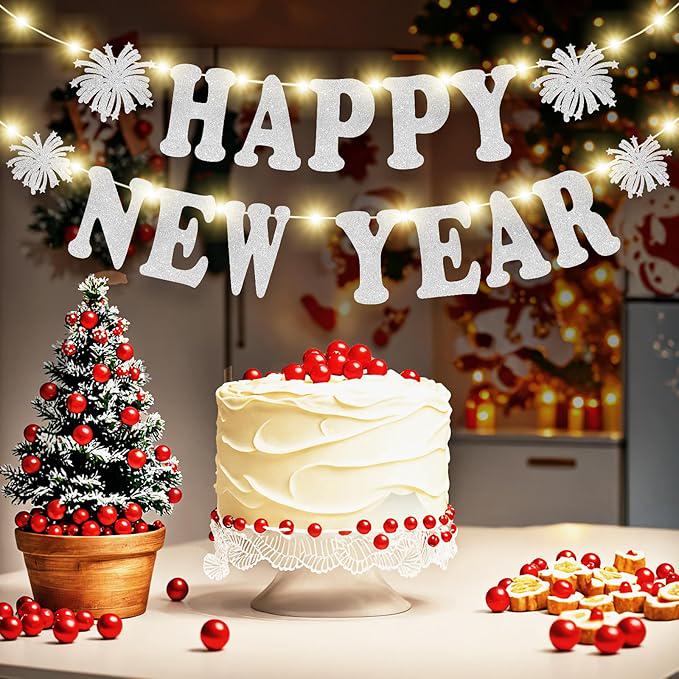 Silver Happy New Year Banner 2026 Lighted Glitter Decor for Party and Home