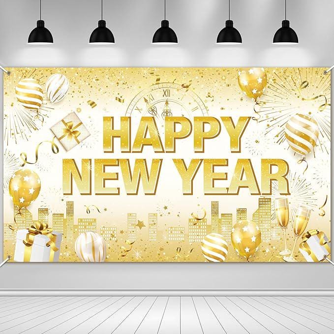 White Gold Happy New Year Banner 2026 Backdrop for NYE Party Decor