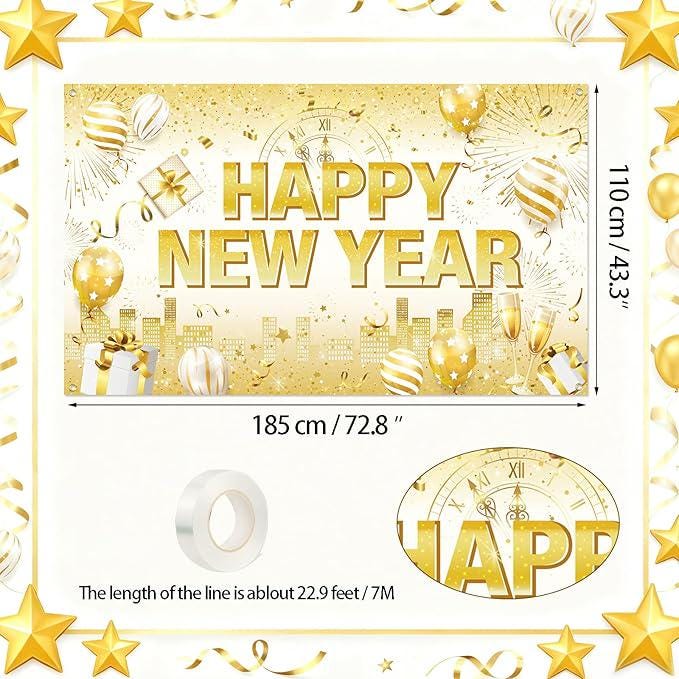 White Gold Happy New Year Banner 2026 Backdrop for NYE Party Decor