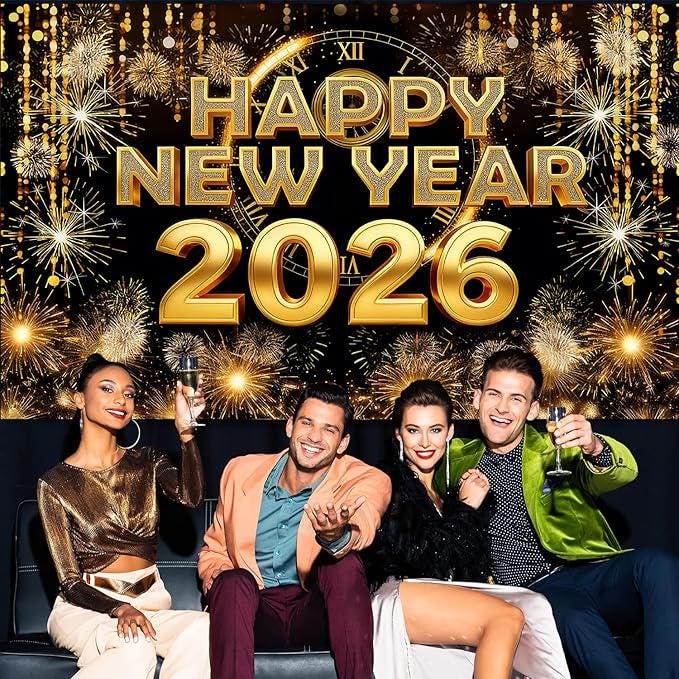 2026 Happy New Year Banner Backdrop Firework Pattern for NYE Party Decor