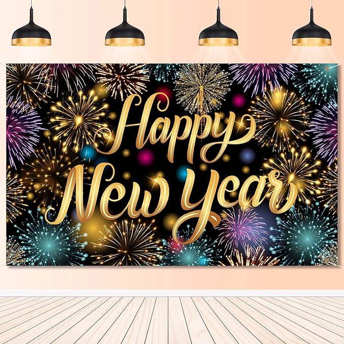 2026 Happy New Year Backdrop Banner Firework Pattern NYE Party Wall Decor