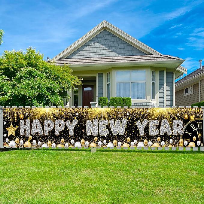 Black Gold Happy New Year Banner 2026 XL Yard Sign Fence Party Decorations