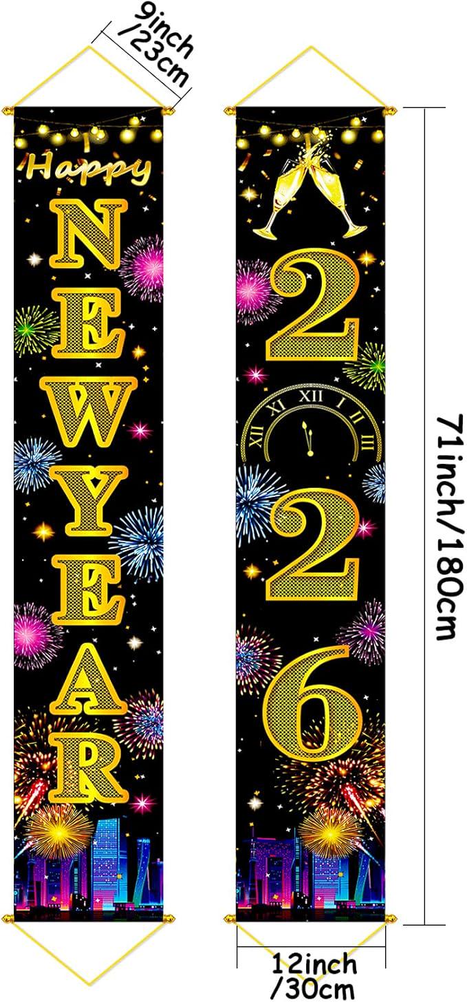 Happy New Year 2026 Banner: Gold Fireworks, Festive Fabric (71x12in)