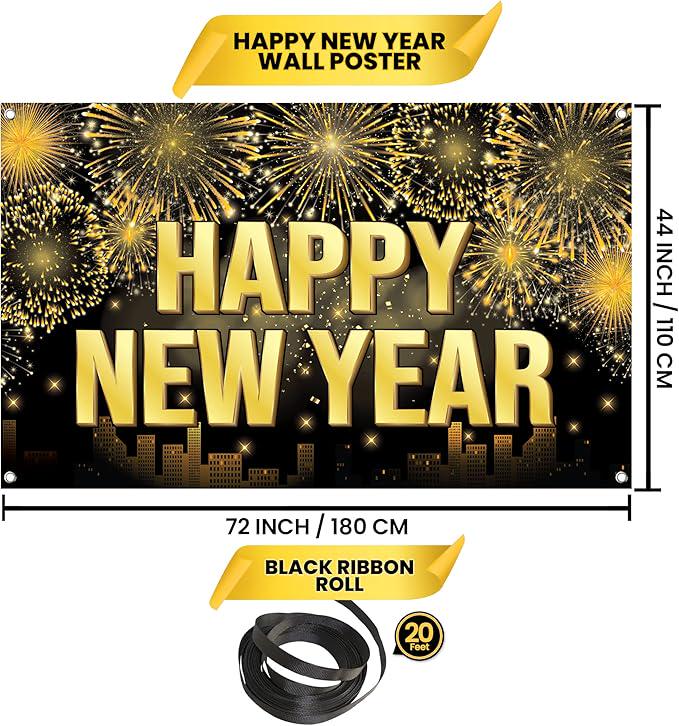 XL Happy New Year Banner 2026 72x44 Inch Backdrop NYE Party Decorations