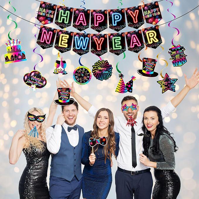 51pcs Neon Happy New Year Party Supplies 2026 Ceiling Swirls Photo Booth Decor