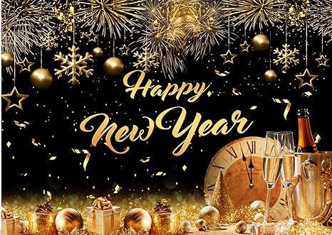 8x6FT Black Gold Happy New Year Backdrop 2026 NYE Party Photography Decor