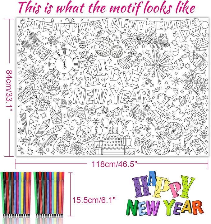 Happy New Year Coloring Poster 2026 Jumbo Banner with 24 Paint Pens for Kids