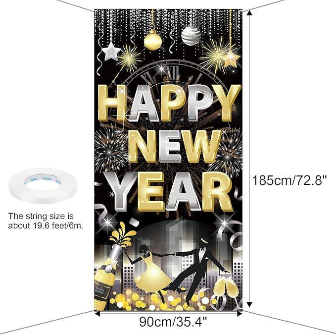 Black Gold Happy New Year Door Cover Banner 2026 NYE Party Decorations