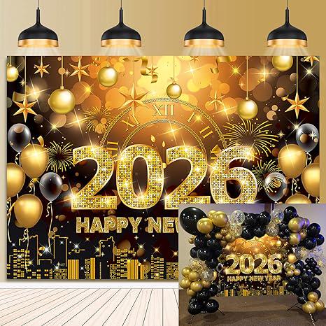 Black and Gold 2026 Happy New Year Banner Backdrop 7x5ft Party Decor