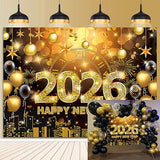 Black and Gold 2026 Happy New Year Banner Backdrop 7x5ft Party Decor