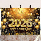 Black and Gold 2026 Happy New Year Banner Backdrop 7x5ft Party Decor