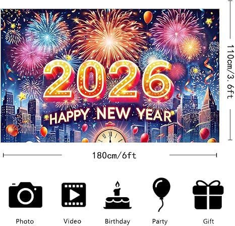 6x3.6ft Happy New Year 2026 Multicolor Banner Party Decor and Photo Backdrop