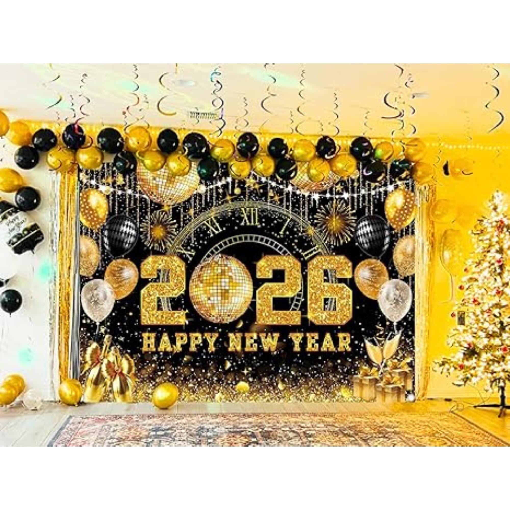 Black and Gold 2026 Happy New Year Backdrop 7x5ft Party Photo Banner