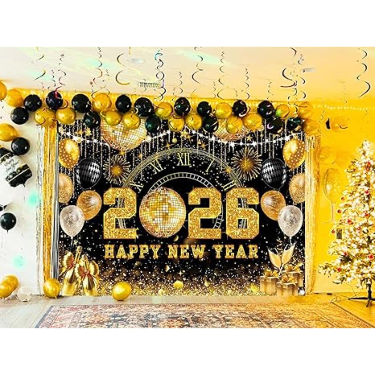 Black and Gold 2026 Happy New Year Backdrop 7x5ft Party Photo Banner