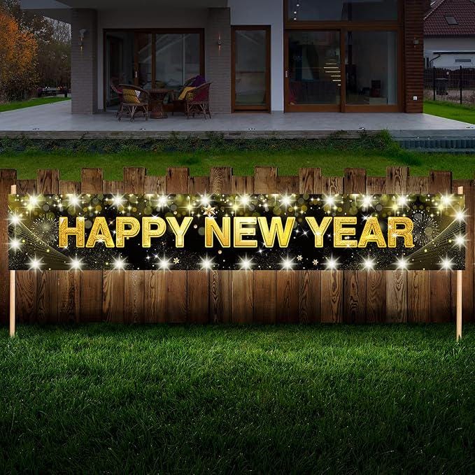 Large Happy New Year Yard Sign Black and Gold Banner 118x20 Inch
