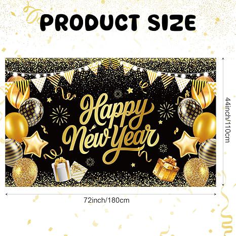 Happy New Year 2026 Black Gold Glitter Banner Backdrop 6x3.6ft Party Decor