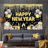 Black and Gold Happy New Year 2026 Banner Backdrop 7x5ft Party Decor