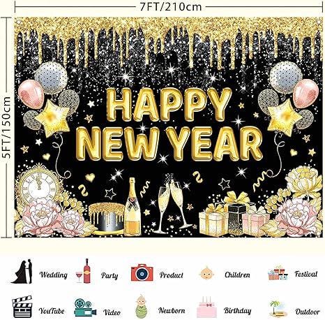 Black and Gold Happy New Year 2026 Banner Backdrop 7x5ft Party Decor