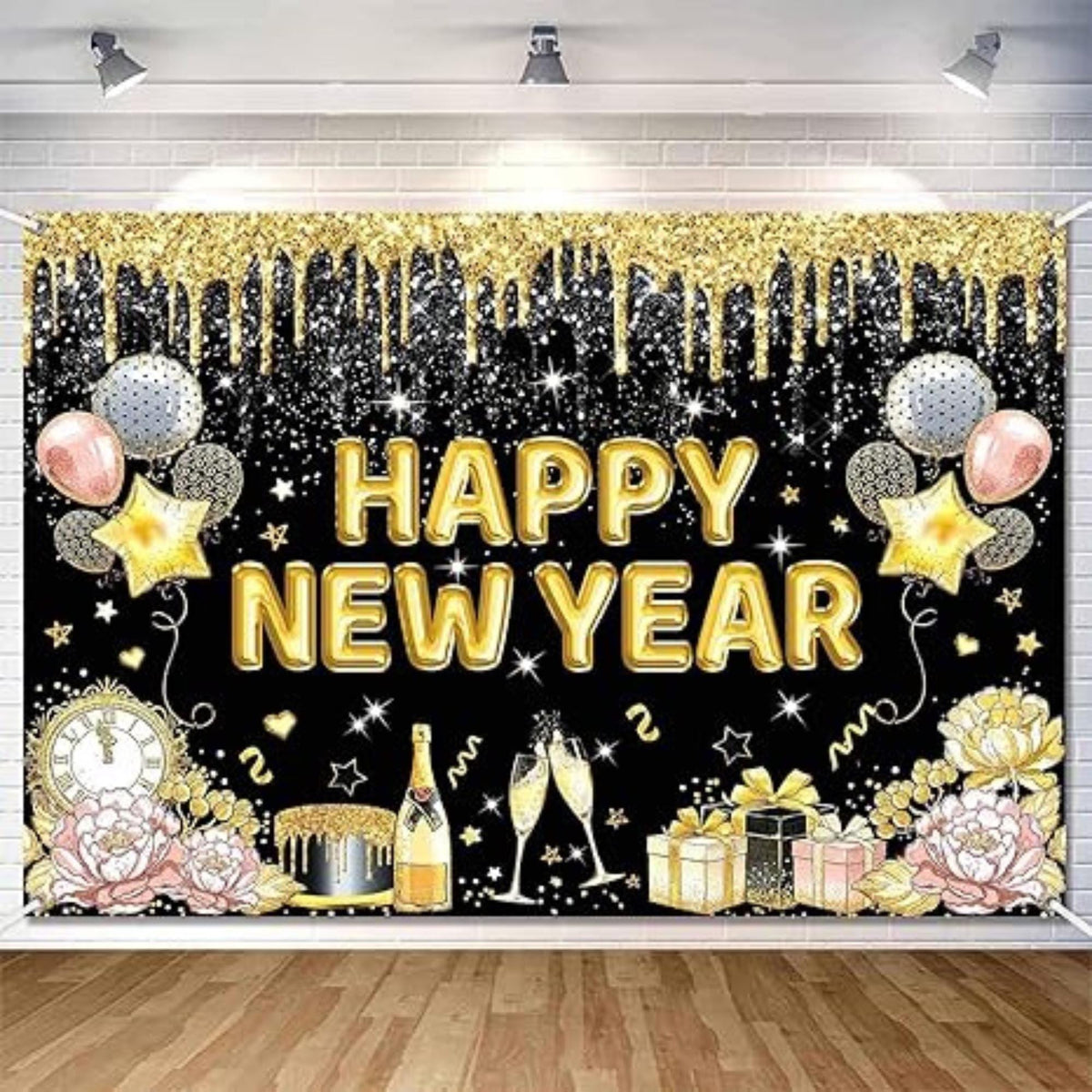 Black and Gold Happy New Year 2026 Banner Backdrop 7x5ft Party Decor