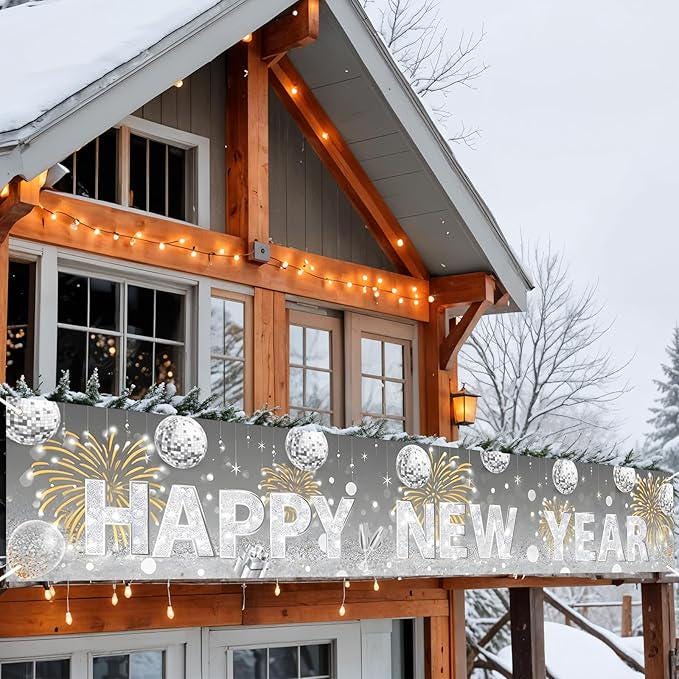 Large Silver Glitter Happy New Year 2026 Banner Backdrop 9.8x1.6ft Party Decor