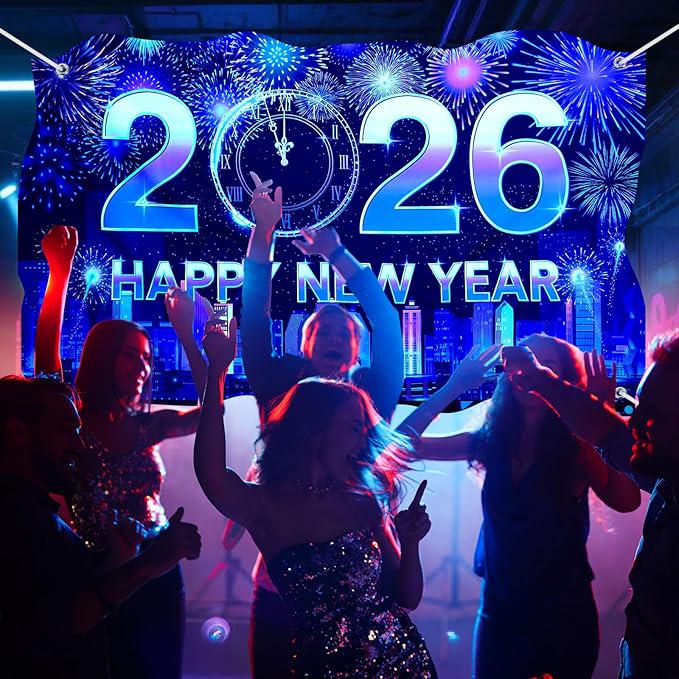 Neon Happy New Year 2026 Glow Banner 71x43 Inch Party Backdrop Decor
