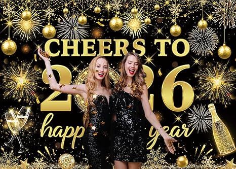 Cheers to 2026 Happy New Year Black Gold Backdrop 7x5ft Party Banner