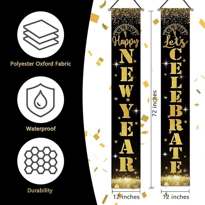 Happy New Year 2026 Porch Banner Black Gold Glitter Clock Front Door Decor