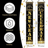 Happy New Year 2026 Porch Banner Black Gold Glitter Clock Front Door Decor