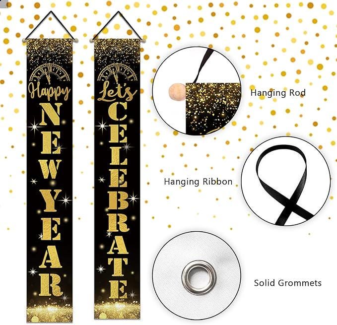 Happy New Year 2026 Porch Banner Black Gold Glitter Clock Front Door Decor