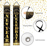 Happy New Year 2026 Porch Banner Black Gold Glitter Clock Front Door Decor
