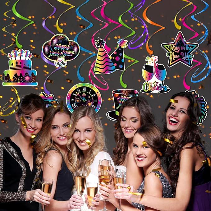 Neon Themed Happy New Year 2026 Banner Hanging Swirls Party Decor