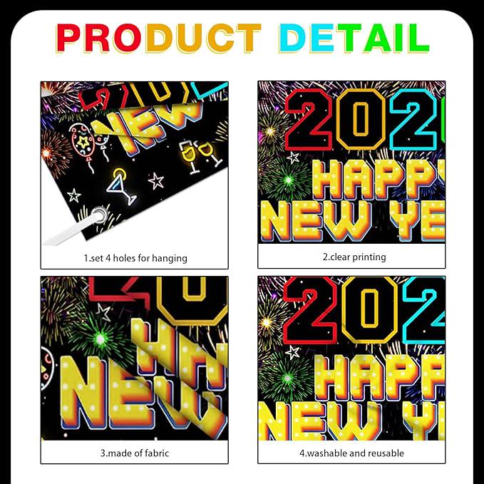 Happy New Year 2026 Neon Banner 70.8x43.3 Colorful Fireworks Party Backdrop