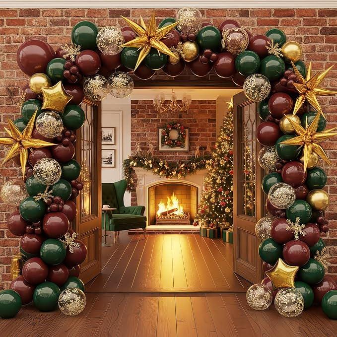 Winter Christmas Balloon Garland with Maroon Green Gold Balloons and Snowflakes