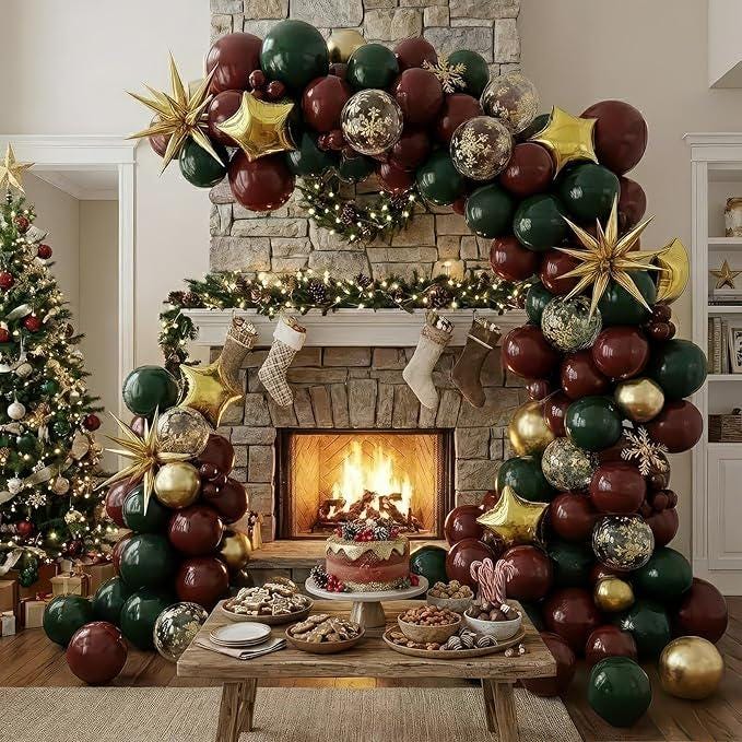Winter Christmas Balloon Garland with Maroon Green Gold Balloons and Snowflakes