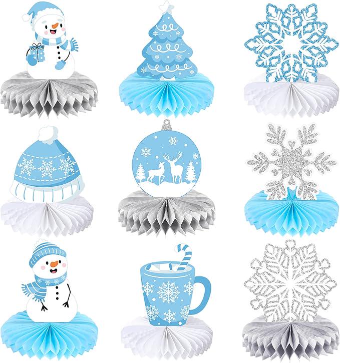 9 Pcs Winter Table Honeycomb Centerpieces Snowflake Theme Party Decorations Blue