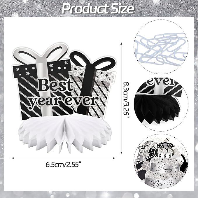 9 Pcs Happy New Year 2026 Black Silver Glitter Honeycomb Table Centerpieces