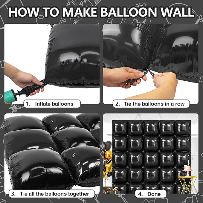 25pcs Black Square Foil Balloons Wall Backdrop Balloon Arch Kit for 2026 Party Decorations