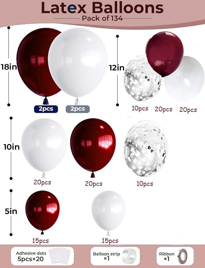 Maroon Graduation Party Decorations 2026 Balloon Arch Kit with White Silver Confetti Balloons 134pcs