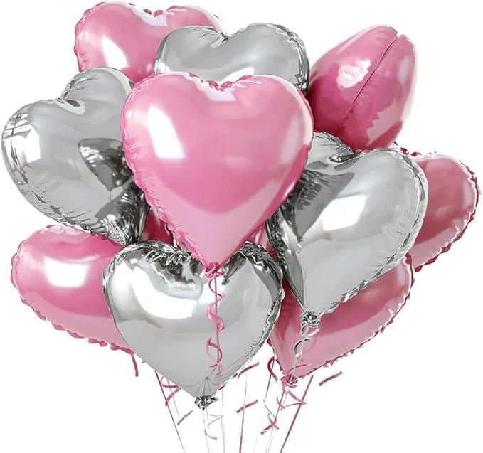 Pink Silver Heart Balloons 12 Pcs 18 Inch Valentines Wedding Romantic Party Decor