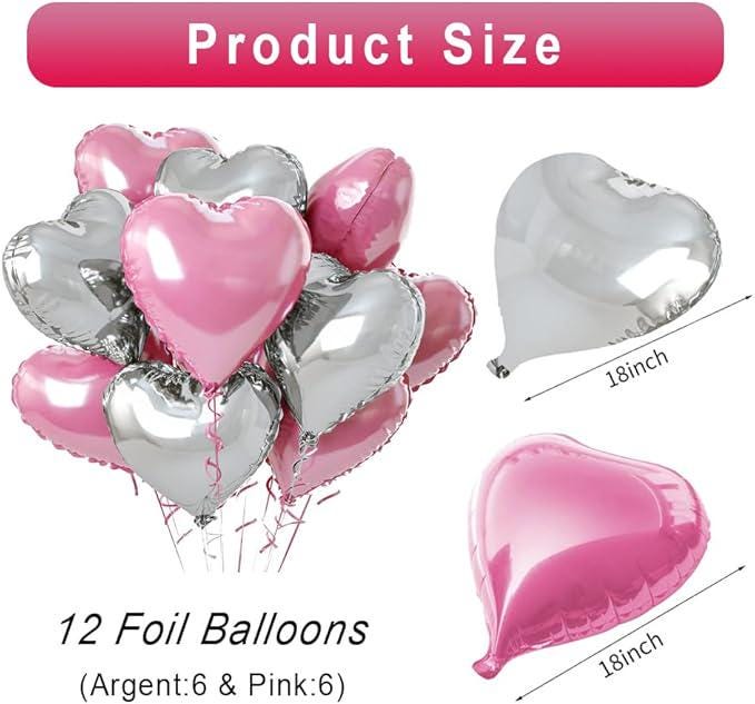 Pink Silver Heart Balloons 12 Pcs 18 Inch Valentines Wedding Romantic Party Decor