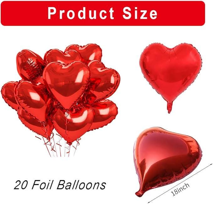 20 Pcs Red Heart Balloons 18 Inch Foil Love Balloons for Wedding Party