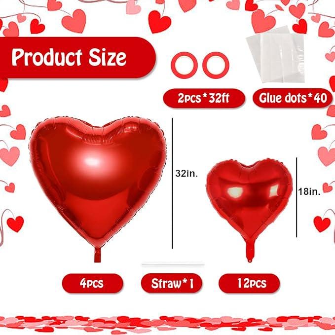 16 Pcs Valentines Day Balloons Red Heart 18 Inch and 32 Inch Foil Party Balloons