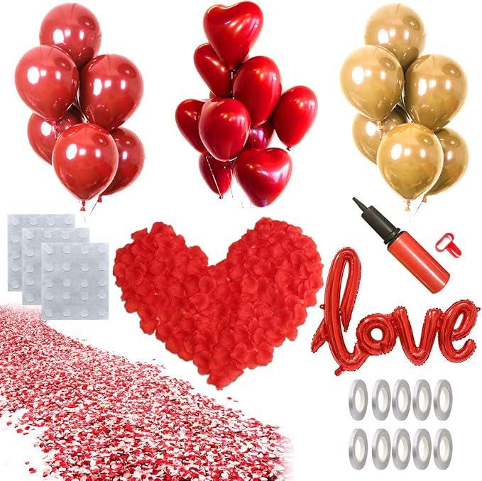 50PCS Love Balloons with Heart Balloons and Silk Rose Petals Gold Balloon Kit for Valentine Party