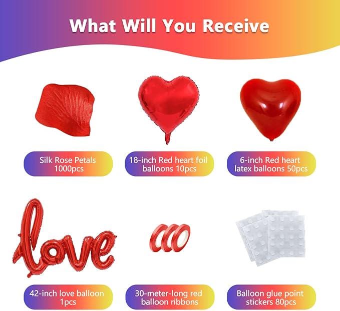 50 Red Heart Balloons Latex 18 Inch Foil 42 Inch Love Balloon with Red Petals Valentines Wedding