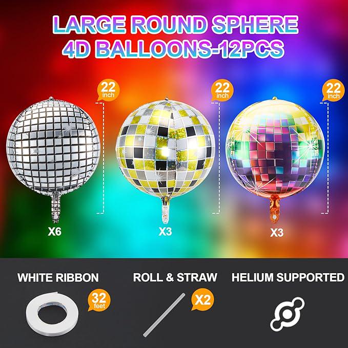 12 Pcs Disco Ball Balloons 22 Inch Multicolor Silver Foil Party Decorations