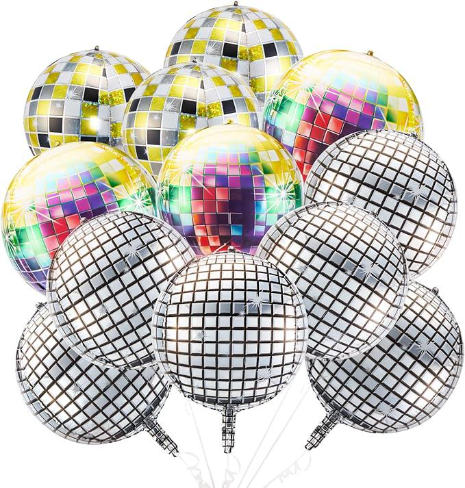 12 Pcs Disco Ball Balloons 22 Inch Multicolor Silver Foil Party Decorations